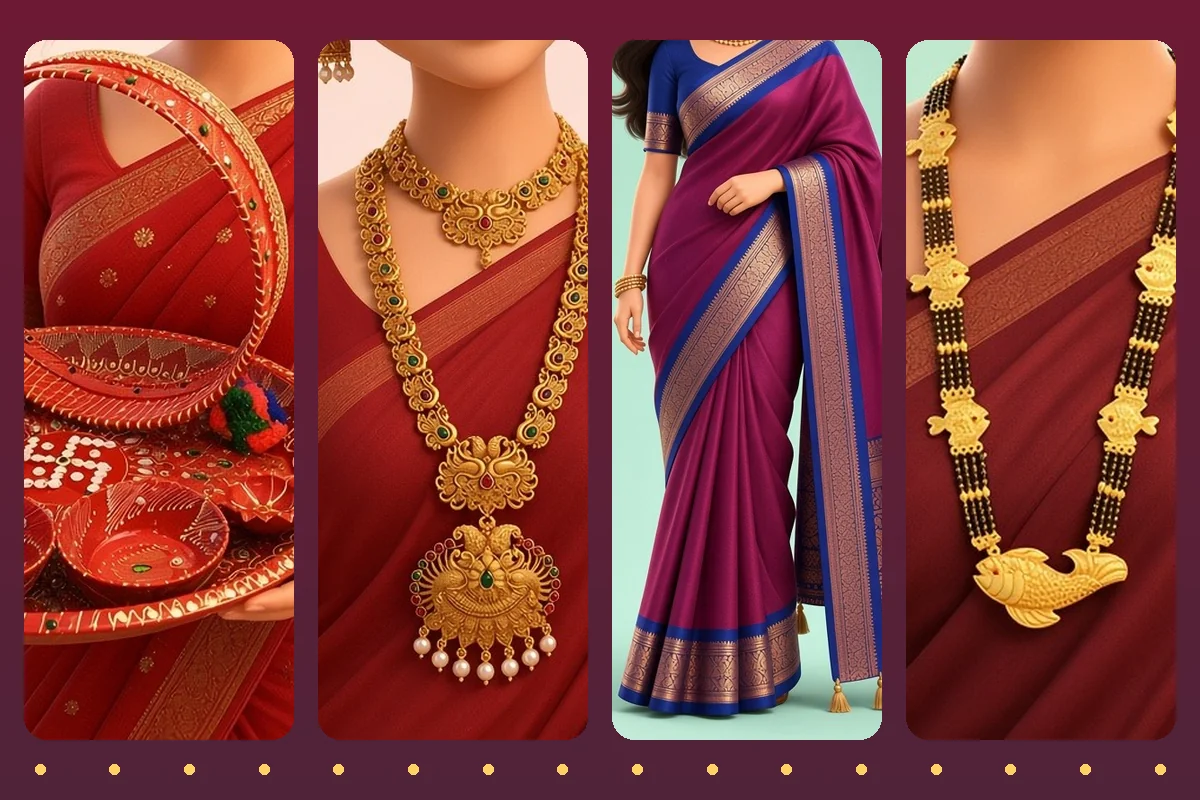 Karva Chauth gift for wife ideas illustration: red pooja thali with chalni, gold-plated necklace set, purple silk saree with blue border and fish mangalsutra