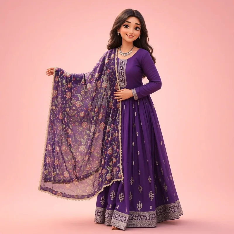 Purple georgette anarkali gown with embroidered dupatta – illustration of the style