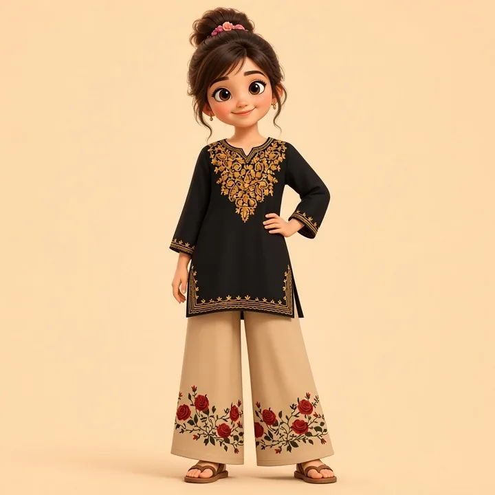 Black embroidered kurti with beige rose-print palazzo – illustration of the style