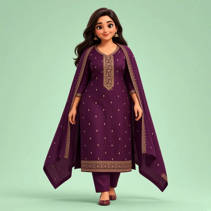 Purple vichitra silk kurta, pant and dupatta set with zari embroidery – illustration of the style