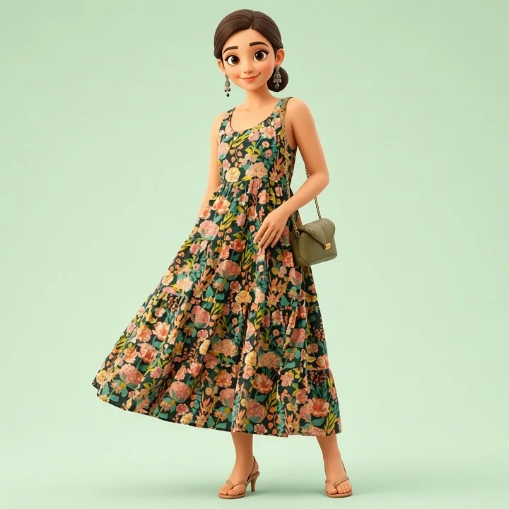 Floral tiered viscose rayon maxi dress – illustration of the style