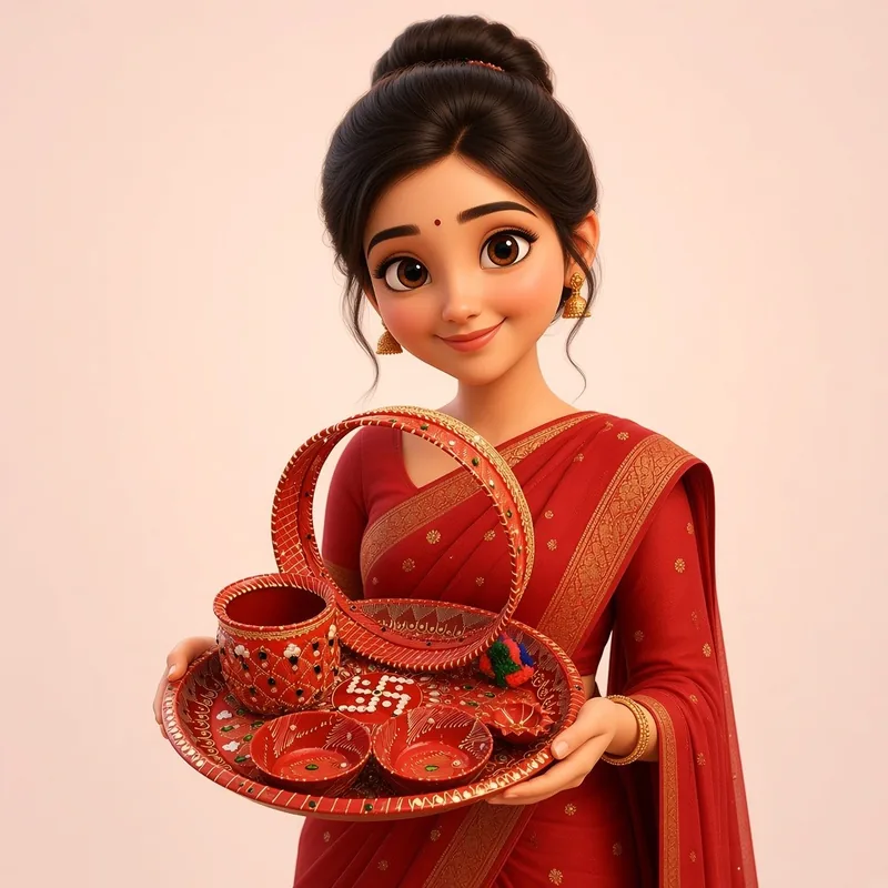 Karwa Chauth pooja thali set – red decorated steel thali with chalni and diya, illustration