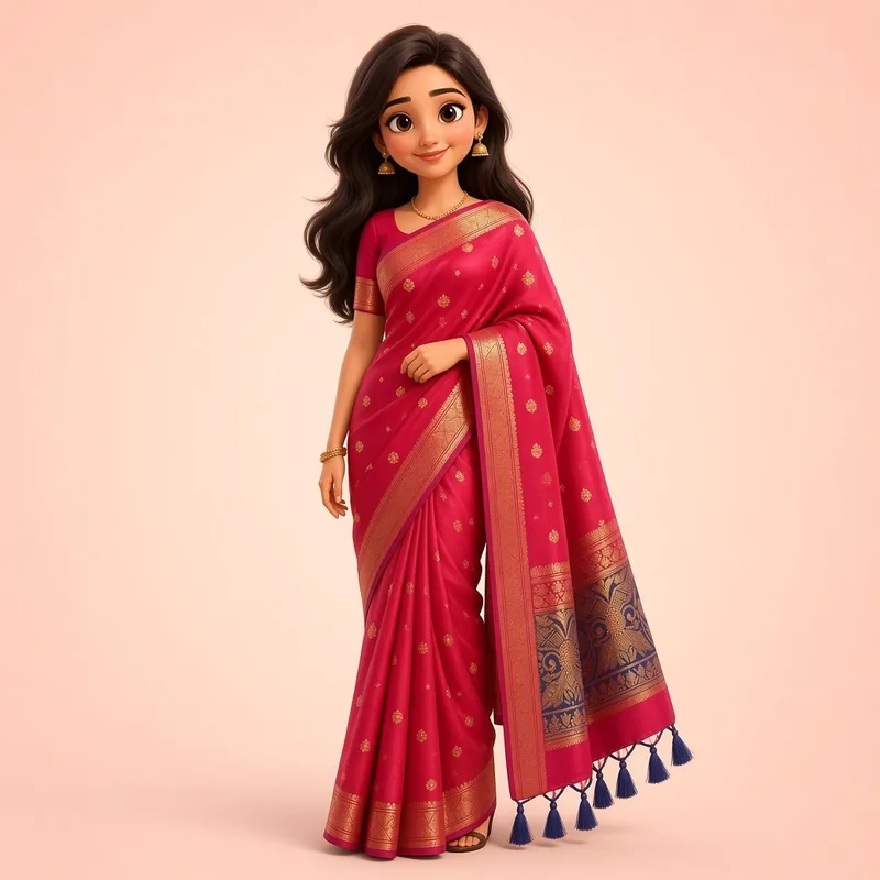 Red Balaton silk saree – gold zari border with tassels, illustration