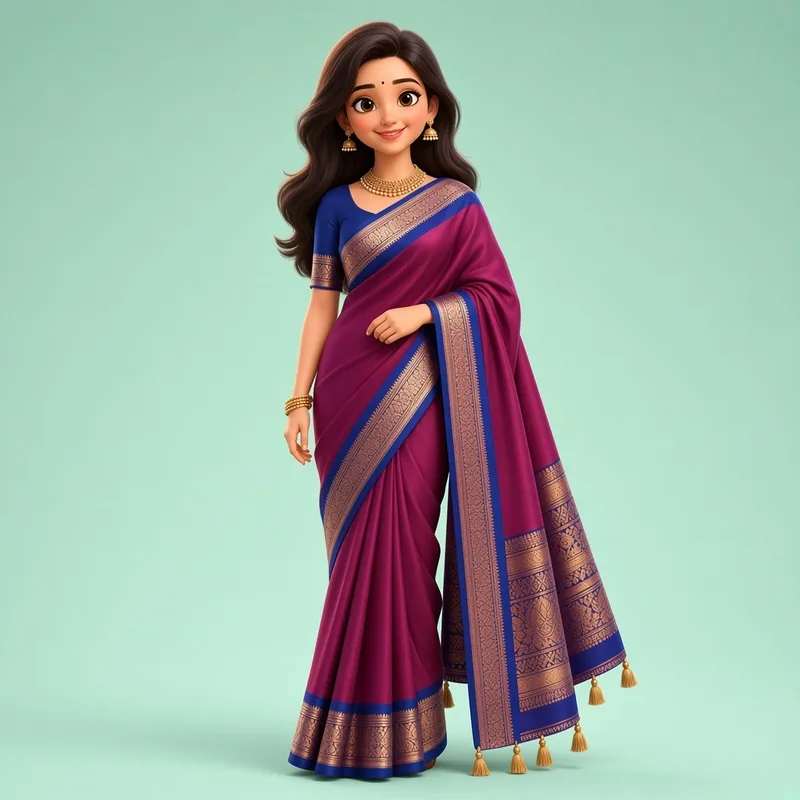 Aura silk saree with blue border – magenta purple saree with royal blue zari border, illustration